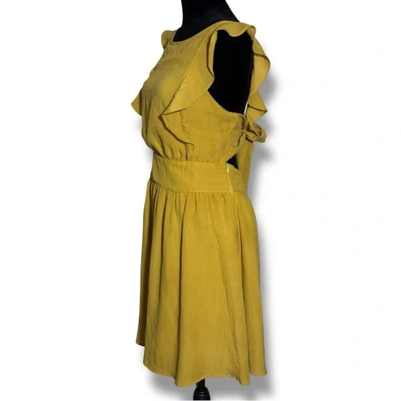 Ivy Chic Mustard Ruffle Sleeves Gathered Waist Cutout Tie Back Mini Dress - Picture 4 of 16
